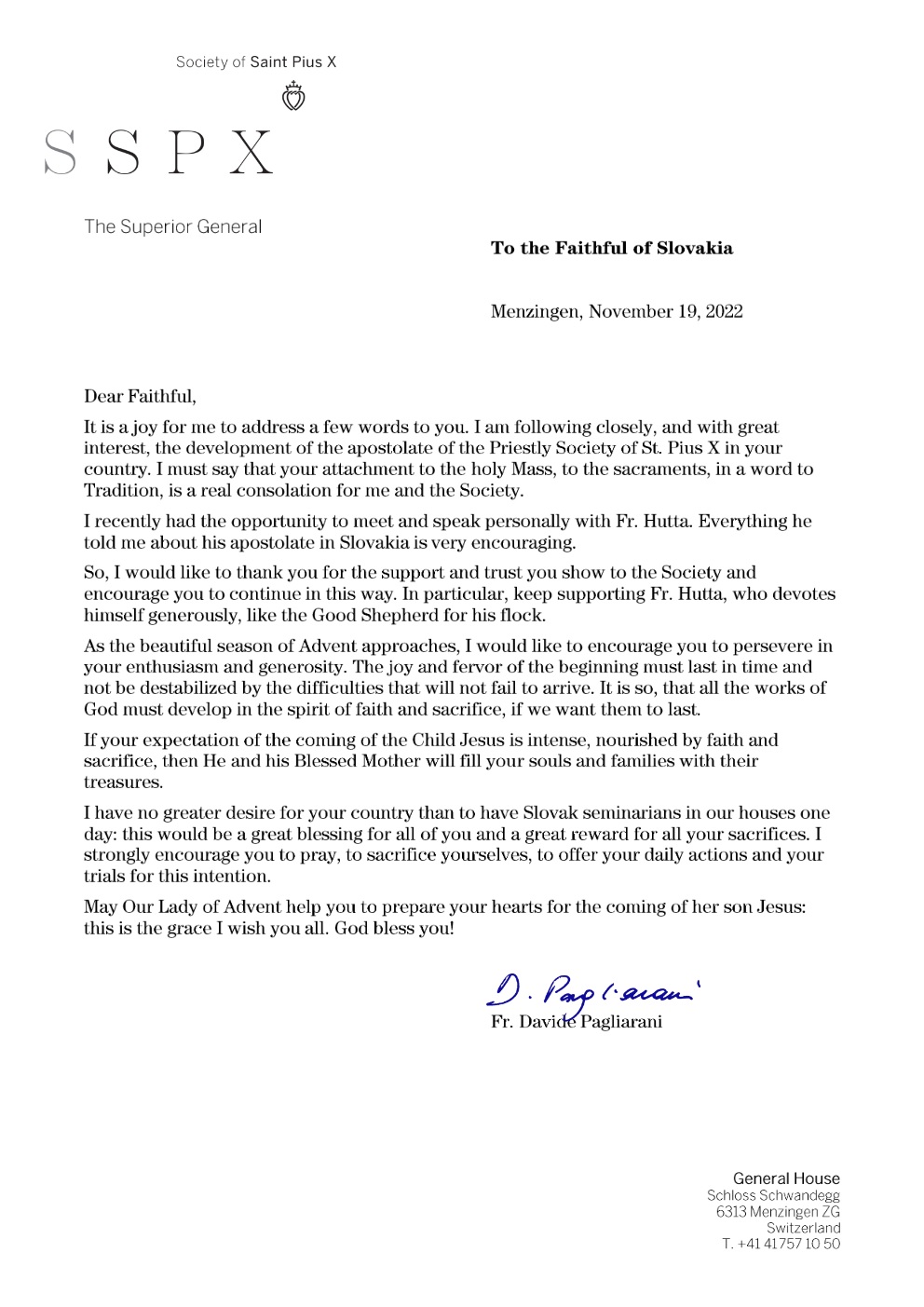 List od generálneho predstaveného FSSPX